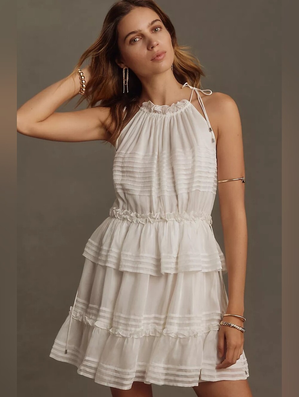Anthropologie Let Me Be Halter Dress Size XL Tie Neck Tiered White